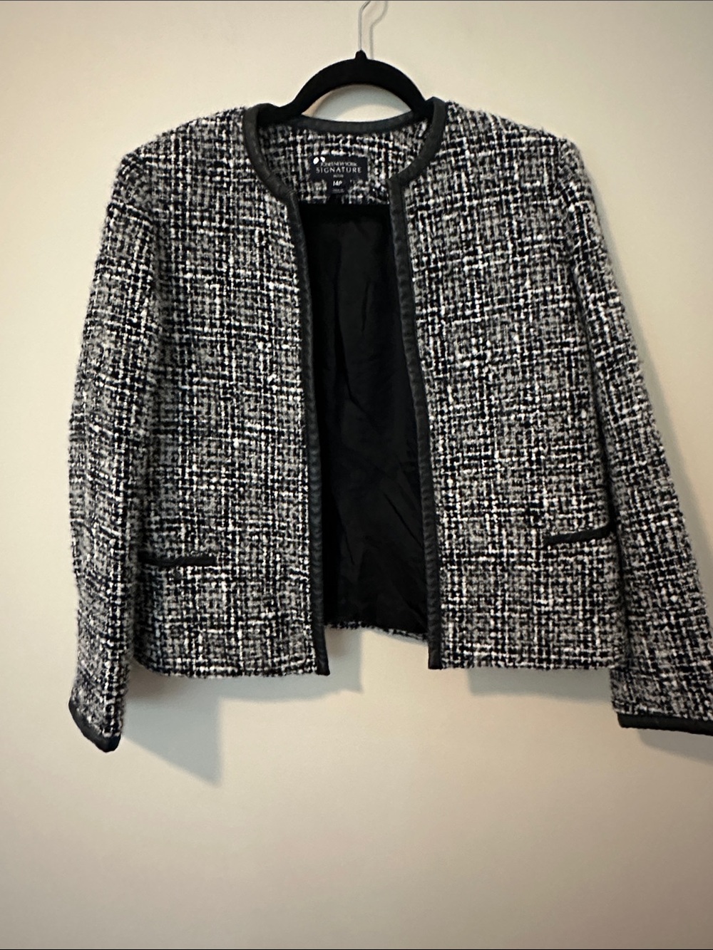Jones New York Black and White Tweed Collarless Blazer